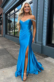 Blue Mermaid Satin Prom Dresses with Slit Beaded Off the Shoulder Pleated Bodice 24204-Prom Dresses-vigocouture-Blue-Custom Size-vigocouture