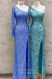 Blue Mermaid Sequin Prom Dresses with Slit One Shoulder Evening Dress 21933-Prom Dresses-vigocouture-Blue-US2-vigocouture