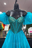 Blue Organza Puffed Sleeve Prom Dresses Beaded Boned Bodice 24275-Prom Dresses-vigocouture-Blue-Custom Size-vigocouture