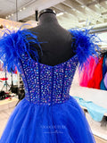 Blue Pearl Boned Bodice Prom Dresses Feather Strap Tulle Gown 24168-Prom Dresses-vigocouture-Blue-Custom Size-vigocouture