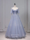 Blue Puffed Sleeve Sweetheart Prom Dresses 2025 Pearl Tulle Formal Dress 25060