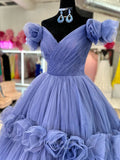 Blue Rose Blossom Prom Dresses Off the Shoulder Pleated Tulle 24215-Prom Dresses-vigocouture-Blue-Custom Size-vigocouture