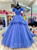 Blue Rose Blossom Prom Dresses Off the Shoulder Pleated Tulle 24215-Prom Dresses-vigocouture-Blue-Custom Size-vigocouture