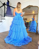 Blue Ruffled Prom Dresses Strapless Tiered Formal Dress 24019-Prom Dresses-vigocouture-Blue-Custom Size-vigocouture