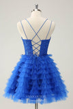 Blue Ruffled Spaghetti Strap Homecoming Dresses Beaded Lace Back to School Dress hc397-Prom Dresses-vigocouture-Blue-Custom Size-vigocouture