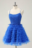 Blue Ruffled Spaghetti Strap Homecoming Dresses Beaded Lace Back to School Dress hc397-Prom Dresses-vigocouture-Blue-Custom Size-vigocouture