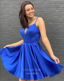 Blue Satin Homecoming Dress Spaghetti Strap Graduation Dress hc286-Prom Dresses-vigocouture-Blue-US0-vigocouture