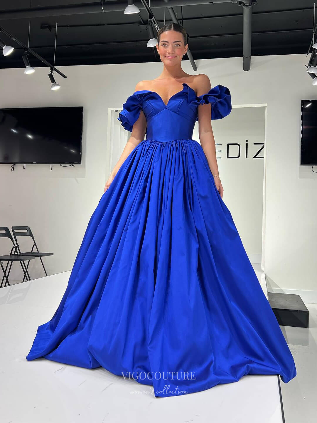 Blue Satin Prom Dresses Ruffle Off the Shoulder Formal Gown 24179-Prom Dresses-vigocouture-Blue-Custom Size-vigocouture