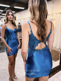 Blue Satin Spaghetti Strap Homecoming Dresses Lace Cheap Bodycon Dress hc462-Prom Dresses-vigocouture-Blue-Custom Size-vigocouture