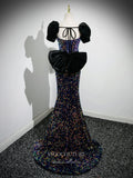 Blue Sequin Bow Tie Prom Dresses Mermaid Puffed Sleeve Evening Dress 24423-Prom Dresses-vigocouture-Blue-Custom Size-vigocouture