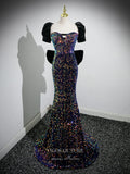 Blue Sequin Bow Tie Prom Dresses Mermaid Puffed Sleeve Evening Dress 24423