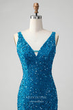 Blue Sequin Homecoming Dresses V-Neck Tassels Bodycon Dress hc353-Prom Dresses-vigocouture-Blue-Custom Size-vigocouture