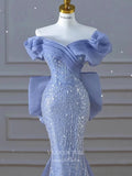 Blue Sequin Lace Mermaid Prom Dresses Puffed Sleeve Bow-Tie 24427-Prom Dresses-vigocouture-Blue-Custom Size-vigocouture