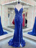 Blue Sequin Mermaid Lace Applique Prom Dresses with Slit Spaghetti Strap V-Neck 24324-Prom Dresses-vigocouture-Blue-Custom Size-vigocouture