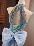 Blue Sequin Mermaid Prom Dresses Bow-Tie Halter Neck Evening Dress 24406-Prom Dresses-vigocouture-Blue-Custom Size-vigocouture