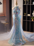 Blue Sequin Mermaid Prom Dresses Bow-Tie Halter Neck Evening Dress 24406