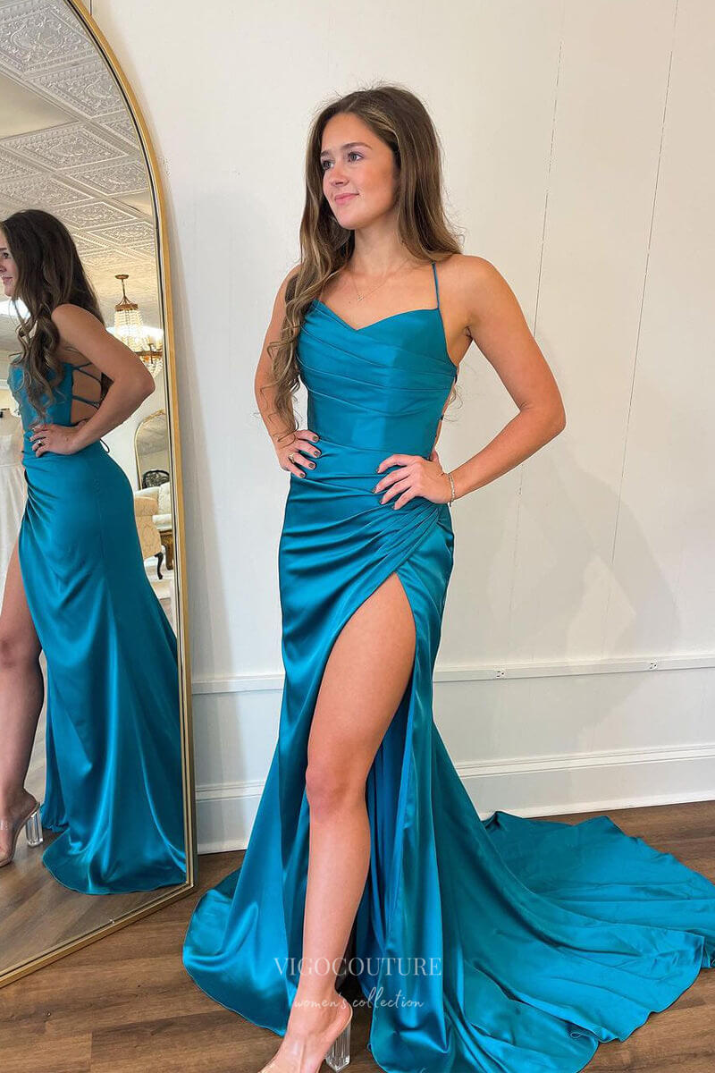 Blue Sexy Mermaid Satin Prom Dresses with Slit Pleated Bodice Spaghetti Strap 24203-Prom Dresses-vigocouture-Blue-Custom Size-vigocouture