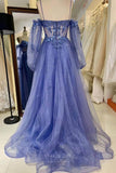 Blue Shimmering Tulle Lace Applique Prom Dresses 2024 Sheer Long Sleeve 24272-Prom Dresses-vigocouture-Blue-Custom Size-vigocouture