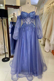Blue Shimmering Tulle Lace Applique Prom Dresses 2024 Sheer Long Sleeve 24272-Prom Dresses-vigocouture-Blue-Custom Size-vigocouture