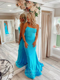 Blue Spaghetti Strap Ruched Hip Cheap Prom Dresses Satin Mermaid Evening Dress 24075-Prom Dresses-vigocouture-Blue-Custom Size-vigocouture