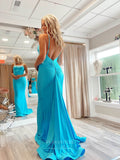 Blue Spaghetti Strap Ruched Hip Cheap Prom Dresses Satin Mermaid Evening Dress 24075