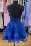 Blue Spaghetti Strap V-Neck Homecoming Dresses Sparkly Lace Tiered Graduation Dress hc423-Prom Dresses-vigocouture-Blue-Custom Size-vigocouture