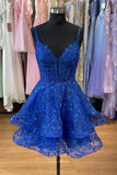 Blue Spaghetti Strap V-Neck Homecoming Dresses Sparkly Lace Tiered Graduation Dress hc423