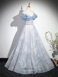 Blue Sparkly Tulle Ruffled Prom Dresses Off the Shoulder Formal Dress 25077-Prom Dresses-vigocouture-Blue-Custom Size-vigocouture