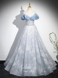 Blue Sparkly Tulle Ruffled Prom Dresses Off the Shoulder Formal Dress 25077