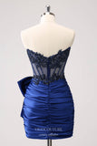 Blue Strapless Beaded Lace Homecoming Dresses Bow Satin Bodycon Dress hc357-Prom Dresses-vigocouture-Blue-Custom Size-vigocouture