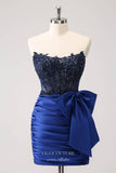 Blue Strapless Beaded Lace Homecoming Dresses Bow Satin Bodycon Dress hc357