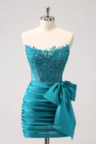 Blue Strapless Beaded Lace Homecoming Dresses Bow Satin Bodycon Dress hc357-Prom Dresses-vigocouture-Green-Custom Size-vigocouture