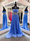 Blue Strapless Pleated Prom Dresses with Slit Beaded Waist Evening Dress 24185