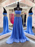 Blue Strapless Pleated Prom Dresses Beaded Waist Evening Dress 24185-Prom Dresses-vigocouture-Blue-Custom Size-vigocouture