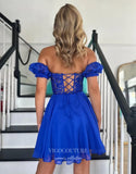 Blue Sweetheart Puffed Sleeve Homecoming Dresses Lace Applique Back to School Dress hc457-Prom Dresses-vigocouture-Blue-Custom Size-vigocouture