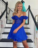 Blue Sweetheart Puffed Sleeve Homecoming Dresses Lace Applique Back to School Dress hc457-Prom Dresses-vigocouture-Blue-Custom Size-vigocouture