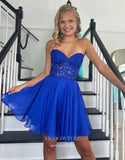 Blue Sweetheart Puffed Sleeve Homecoming Dresses Lace Applique Back to School Dress hc457-Prom Dresses-vigocouture-Blue-Custom Size-vigocouture