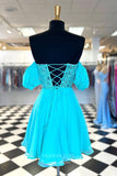 Blue Sweetheart Puffed Sleeve Homecoming Dresses Lace Applique Back to School Dress hc457-Prom Dresses-vigocouture-Blue-Custom Size-vigocouture