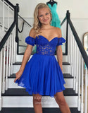 Blue Sweetheart Puffed Sleeve Homecoming Dresses Lace Applique Back to School Dress hc457