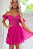 Blue Sweetheart Puffed Sleeve Homecoming Dresses Lace Applique Back to School Dress hc457-Prom Dresses-vigocouture-Hot Pink-Custom Size-vigocouture