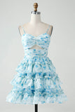 Blue Tiered Floral Print Homecoming Dresses Spaghetti Strap Back to School Dress hc395