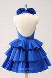 Blue Tiered Ruffled Satin Homecoming Dresses Plunging V-Neck Back to School Dress hc398-Prom Dresses-vigocouture-Blue-Custom Size-vigocouture