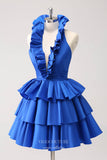 Blue Tiered Ruffled Satin Homecoming Dresses Plunging V-Neck Back to School Dress hc398-Prom Dresses-vigocouture-Blue-Custom Size-vigocouture