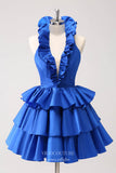 Blue Tiered Ruffled Satin Homecoming Dresses Plunging V-Neck Back to School Dress hc398-Prom Dresses-vigocouture-Blue-Custom Size-vigocouture