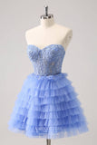 Blue Tiered Strapless Homecoming Dresses Lace Applique Back to School Dress hc367-Prom Dresses-vigocouture-Blue-Custom Size-vigocouture