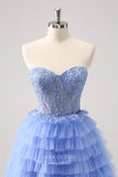 Blue Tiered Strapless Homecoming Dresses Lace Applique Back to School Dress hc367-Prom Dresses-vigocouture-Blue-Custom Size-vigocouture