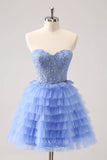 Blue Tiered Strapless Homecoming Dresses Lace Applique Back to School Dress hc367-Prom Dresses-vigocouture-Blue-Custom Size-vigocouture