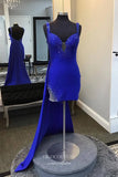 Blue Watteau Train Satin Homecoming Dresses Beaded Sweetheart Bodycon Dress hc439