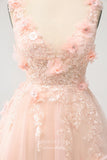 Blush 3D Flower Homecoming Dresses Lace Applique V-Neck Back to School Dress hc365-Prom Dresses-vigocouture-Blush-Custom Size-vigocouture