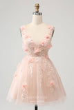 Blush 3D Flower Homecoming Dresses Lace Applique V-Neck Back to School Dress hc365